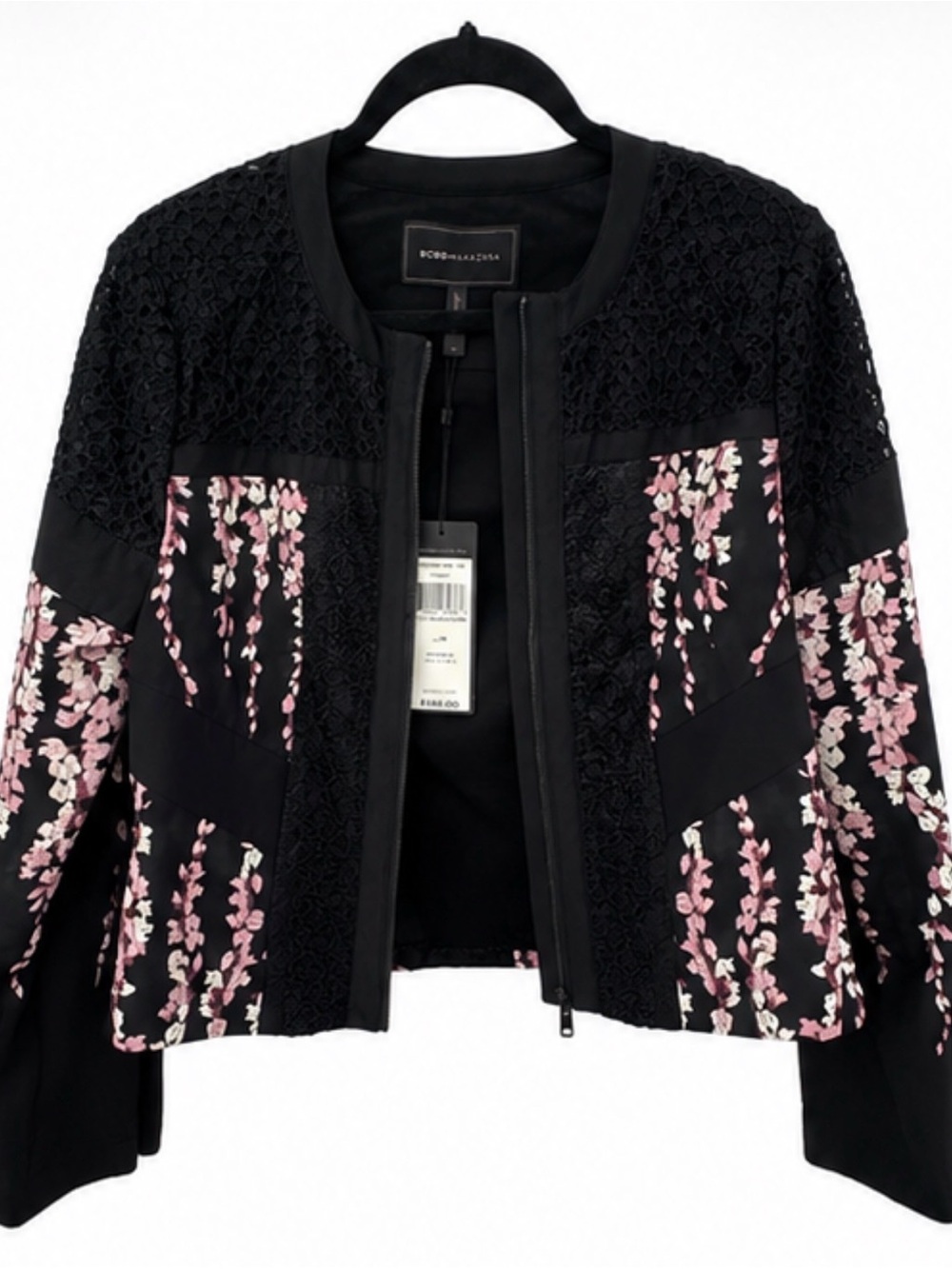 BCBGMaxAzria Black Jacket with Pink Floral Panels and Lace Detail